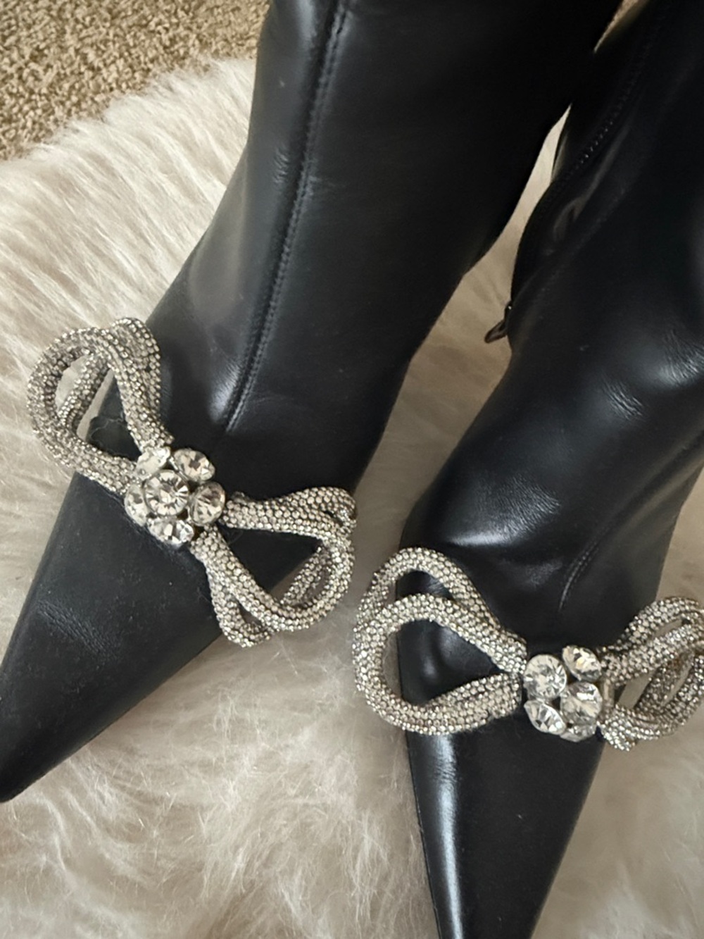 MACH & MACH Black Pointed Toe Ankle Boots with Crystal Bow Accents - Picture 3 of 5